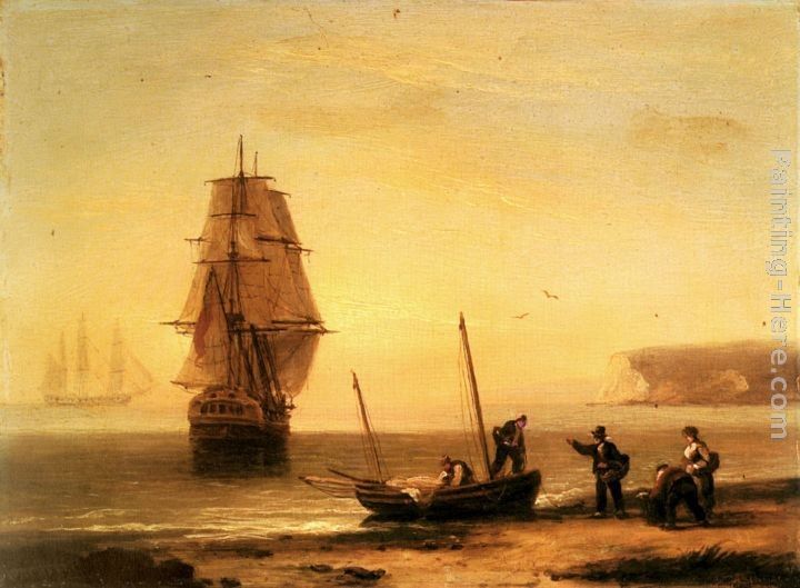 Thomas Luny Fishermen unloading the catch with a merchant ship in calm water off Brymer Bay, Devon